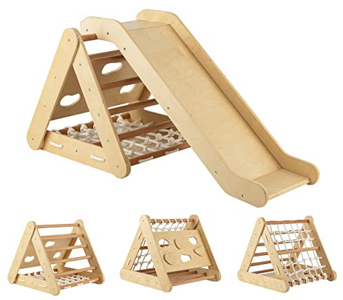 DREAMADE 4 IN 1 Kletterdreieck mit Rutsche und Kletternetz, Holzdreieck Kletterspielzeug aus Holz, Indoor Klettergerüst zum Rutschen und Klettern für Kinder ab 1 Jahr (Natur)