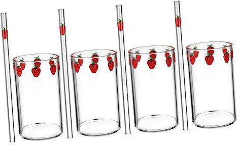 PRETYZOOM 4ensembles Tasse Transparent Avec Motif Fraise Et De Accessoires Pour Boissons Froides Et Cocktails