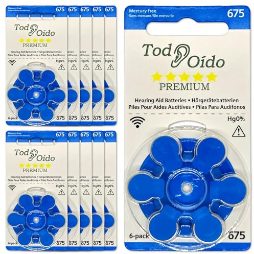 TODOOIDO Pack de 60 Pilas para Audífonos. Tamaño 675 (PR44) Azul. 1.45 V Aire-Zinc. Sin Mercurio. El Pack Contiene 10 Blister de 6 Pilas Cada uno. Pilas para Audífono Premium