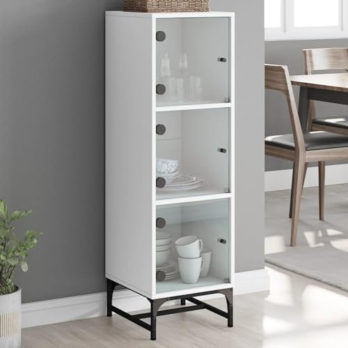 BaraSh Highboard mit Glastüren Wohnzimmerschrank Sideboard Weiß 35x37x120 cm