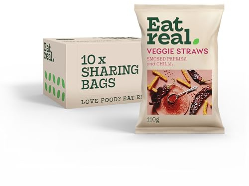 Eat Real, Veggie Straws, Smoked Paprika & Chilli, 10 x 110g, Gluten-Free Snack Option, Healthy and Low Calories, Rice-Based Straws