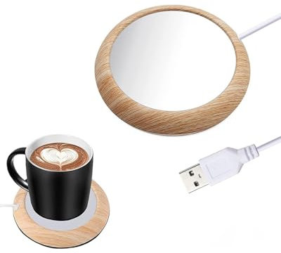 MYMULIKE Calentador de tazas de café, té y otras bebidas, con USB, para hogar y oficina, marrón, acero y aluminio, 45°C