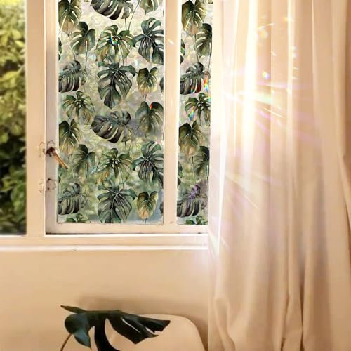 Funlife 43x300cm Fensterfolie Blickdicht Statische Fensterfolie,Fensterfolie Buntglas Regenbogen Dekorfolie,Fensterfolie Grün für Badezimmer Küche Schlafzimmer, Grün Monstera Blätter