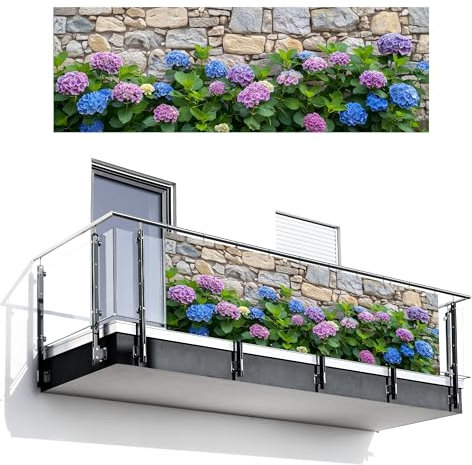 MuchoWow© Balkongeländer Sichtschutz Einseitig 100x300 cm Groß PVC Garten Windschutz Seitlich ohne Bohren Wetterfest Zaunsichtschutz Terrasse Balkon Abdeckung Blumen - Steinoptik - Bunt