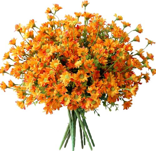 YXYQR 10 Bundles Artificial Fake Flowers for Outdoor, UV Resistant, Fall Faux Mums Orange Daisy Wildflowers Greenery Plants Bulk for Pot Patio Yard Front Porch Pathway Window Box Hanging Planter