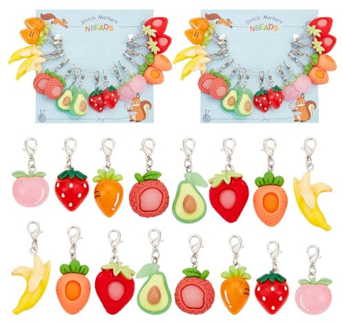NBEADS 32 Stück Obst Gemüse Maschenmarkierer, Harz-Häkelmarkierer Abnehmbare Hummerverschluss Verriegelung Stitch Marker für Stricken Weben Nähen Schmuckherstellung