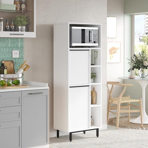 [en.casa] Armario de Cocina Vesanto para Vajilla Microondas Armario Multifuncional con 5 Compartimientos Abiertos y 2 Puertas Organizador Mueble de Cocina Aglomerado 162x60x36 cm - Blanco