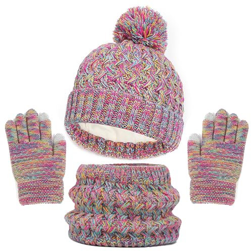 WANYI Mütze Schal Set Mädchen, Wintermütze Kinder Beanie Mütze Schal Handschuhe Set Mützen Jungen Warme Bommelmütze Strickmütze mit Weichem Innenfutter für Kinder 1-6 Jahre (A, Regenbogen Mix)