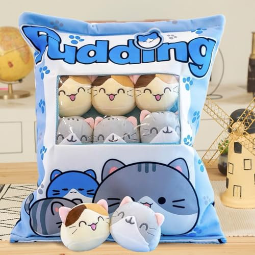 MeHoo Süßes Snackkissen,Stofftierspielzeug,Kawaii Niedliche Plüschpuppe, Lendenkissen, Kuscheln,Schlafkissen,Kissen, Reißverschluss Design,Abnehmbar,Gefüllt mit Kleinen Puppen Innen (Blaue Katze)