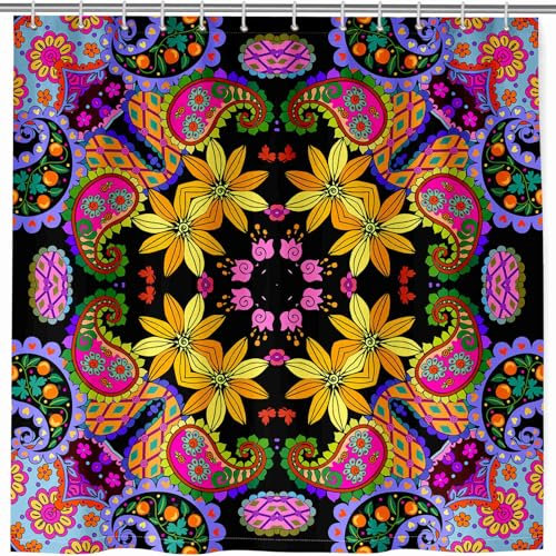 ANHOPE Bunt Böhmen Paisley Blume Duschvorhang Wasserdicht Anti-schimmel Polyester Stoff Duschvorhänge 180 x 200 cm Shower Curtains Waschbar Bad Vorhäng für Badzimmer mit 12 Haken