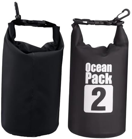 Dry Bag wasserdichte Tasche, 2L Wasserdichter Drybag, Wasserfester Packsack mit Verstellbarer Schulterriemen, Wasserfester Beutel & Packsack, Ideal für Boot, Kajak, Angeln und Camping, Schwarz
