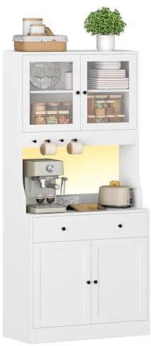 KIMENICH Küchenschrank mit Arbeitsfläche, Buffetschrank mit Schublade, Sideboard mit LED, Steckdose, Glasschranktür, Verstellbare Ablagen, Küche, Wohnzimmer, Esszimmer, Weiß