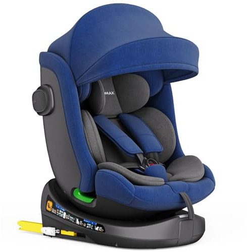 Kindersitz 360° drehbar mit Isofix, ECE R129, 0-36 kg, verstellbar, neigbar, atmungsaktiver Bezug, 5-Punkt-Gurt, Top Tether, Autokindersitz für Babys & Kinder 0-12 Jahre, Farbe:Schwarz/Blau