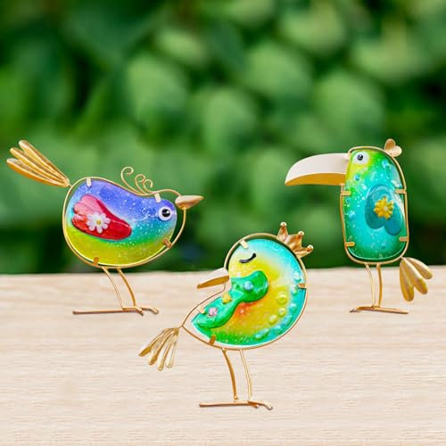 Recitem Glas Vogelornamente 3er Set – Realistische Gartendekoration aus Metall & Glas, Gartendeko, Gartenfiguren & Gartenstatuen für Garten & Terrasse, Geschenkidee