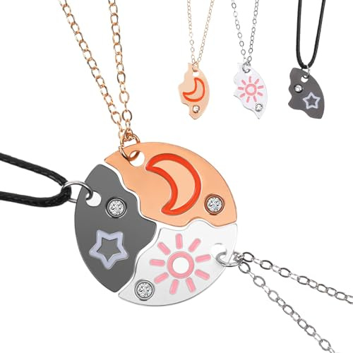 Hudiepan 3 Stück Sonne Sternen Mond Halskette Lang für Frauen, Sonne Sternen Mond Dreier Freundschaftsketten, Bff Ketten für 3, Kette Anhänger Geschenk Personalisierter Schmuck, Freundschaftskette