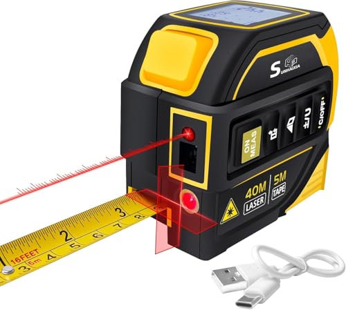 4-in-1 Laser Tape Measure with Laser Level Crosshairs |130ft/40m Laser Distance+16ft/5m AutoLock Tape | Backlit LCD Display (Ft/Inch/M/mm) | for DIY,Construction, Interior Design | (Yellow)