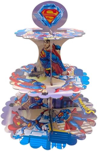 Cardboard Cupcake Stand – 3 Tier Dessert Display for Muffins, Pastries, and Treats – Lightweight & Reusable, Superman (3 Pack)