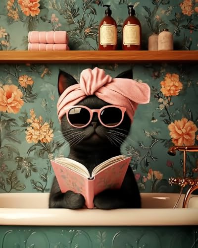 WANMIU Malen Nach Zahlen Erwachsene Lesende Katze in der Badewanne Paint by Numbers diy GemäLde Kit mit Pinsel und Acrylfarbe Als Geschenk für Wanddeko Groß 40x50cm