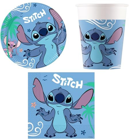 Kit Set Festa di Compleanno Stitch e Angel, Kit Decorazione Tavola con 8 Piatti, 8 Bicchieri, 20 Tovaglioli