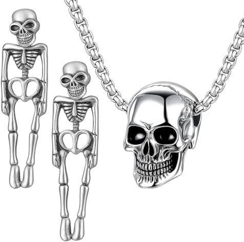 NieYat Totenkopf Ohrringe Damen, Halloween Kostüm Zubehör, Gruselige Schädel Halskette, Gothic Schmuck Set Mit Kette, 1 Paar Ohrringe + 1 Kette, Silber
