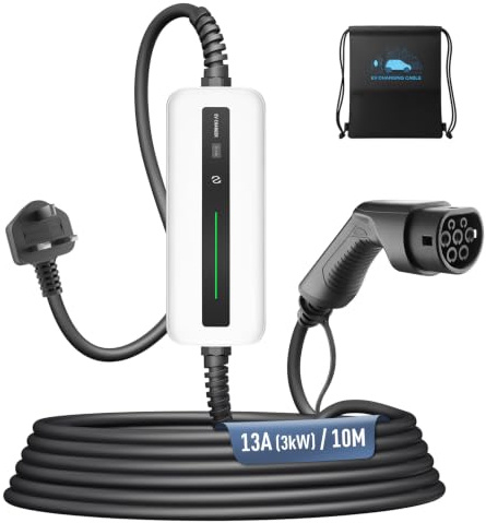 Morec Cargador EV de 3 KW, 8 A/10 A/13 A, cargador de coche eléctrico variable para el hogar, cable de carga tipo 2 de 3 pines, 10 m