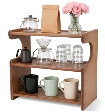 X-BLTU 3-Stufig Tassenregal, Tassenhalter Für Kaffeetassen& Tassen, MDF | Bambus, Stabiler 4-Füßiger Stehendes, 3 Optimierte Ebenen, Küchenregal Für Küche Esszimmer Kaffeebar Matcha Station