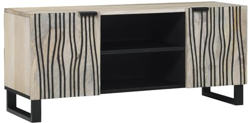 IBUQDDV Console TV avec étagère et porte en blanc et noir - Meuble de rangement robuste en bois de manguier massif et bois avec pieds en fer solides pour un charme rustique