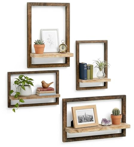OFFASST Wandregal | 4er Set Braun aus Holz für Bücher & Deko | Wandmontiertes Regal für Wohnzimmer, Schlafzimmer, Bad | Regal Wand Braun, Stilvolles Regalbrett