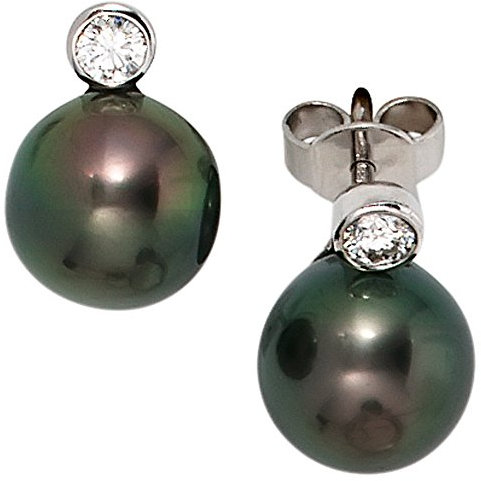 Jobo Damen-Ohrstecker aus 14 Karat 585 Weißgold mit grauen Tahiti Perlen und 2 Diamanten