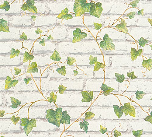 A.S. Creation 31942-1 Best of Wood and Stone Ivy Brick Design Wallpaper, White/Green