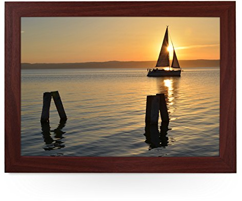 Portable Lap Desk Tray (Sailing Boat at Sunset) Handmade Wooden Frame, Beanbag Cushioned Bottom | Computers, Laptops, Meals, Food | L0193 Brown