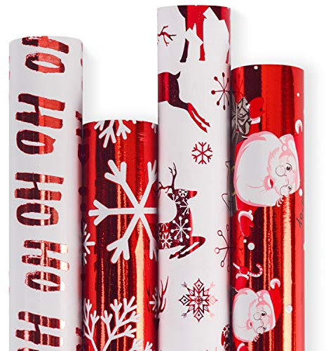RUSPEPA 4 Rouleau De Papier D'Emballage Rouge Et Blanc Avec Un Éclat Métallique - Collection D'Éléments De Noël - 76 cm X 305 cm Par Rouleau