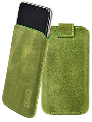 Suncase ECHT Leder Tasche kompatibel mit iPhone 11 (6.1) mit ZUSÄTZLICHER Transparent Hülle | Schale | Silikon Bumper Handytasche (mit Rückzugsfunktion und Magnetverschluss) in antik Kiwi grün