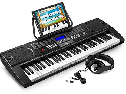 MAX KB1 - Digital Piano Keyboard, E Klavier mit Notenständer, Kopfhörer, 61 Tasten und Eingebauten Lautsprechern, Lernfunktion, LCD-Display, 24 Demo-Songs und Aufnahmefunktion Keyboard Piano - Schwarz