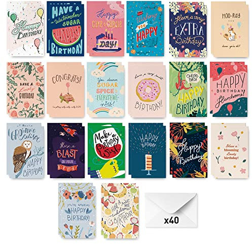 Rileys & Co Geburtstagskarten Set mit Umschlägen - je 40 Stück - 20 verschiedene Designs - hochwertige Glückwunschkarten zum Geburtstag - Perfekt für Frauen, Männer, Kinder jeden Alters - DIN A6