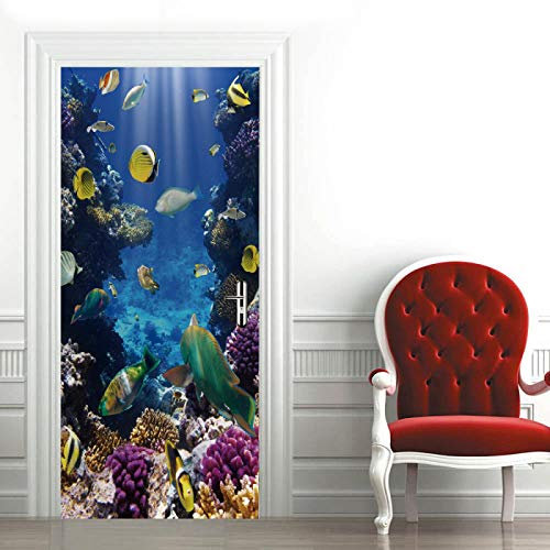 ZOOINB Autocollant De Porte 3D Poisson Corail Marin Auto Adhésif Trompe l'oeil Mural Poster Imperméable PVC Autocollants De Porte Muraux Cuisine Salle De Bain Chambre d'enfant Art Decor Affiche