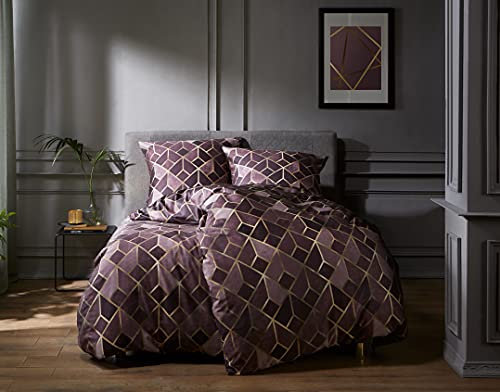 Bettwaesche-mit-Stil Mako Satin Bettwäsche Raute brombeer (Garnitur 240x220 + 2X 80x80 cm)