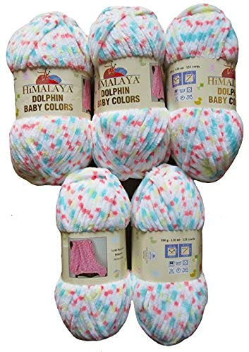 Chenille 5 x 100 Gramm Strickwolle Himalaya Dolphin Baby Colours mehrfarbig, 500 Gramm Wolle super bulky (türkis lachs gelb weiss 80415)
