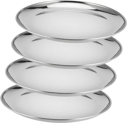 MUKCHAP 4 Stück 25,4 cm Edelstahl-Teller, runde Metall-Teller, Edelstahl-Speiseteller für Scheitel, Outdoor-Camping, Salat, Obst, spülmaschinenfest, silberfarben
