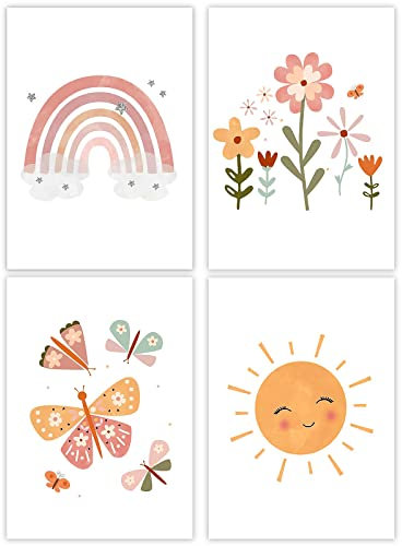 Vegena 4er Set Bilder Kinderzimmer Mädchen Kinderzimmer Deko Poster Regenbogen Sonne Wolke Blumen Schmetterlinge Wandbilder Babyzimmer