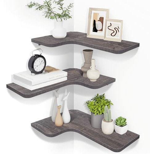 Homode Corner Shelves Wall Mounted, Set of 3 Floating Corner Shelves with Cord Hole, 3 Tier Wooden Hanging Shelves for Storage and Display, for Bathroom Kitchen Living Room, Rustic Grey