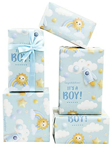Es ist ein Geschenkpapier für Jungen, hellblaues Geschenkpapier für Neugeborene, 4 Blätter, flach gefaltet, 50 x 70 cm pro Blatt für Geschenkverpackungen für Babypartys, Geburtstagsfeiern