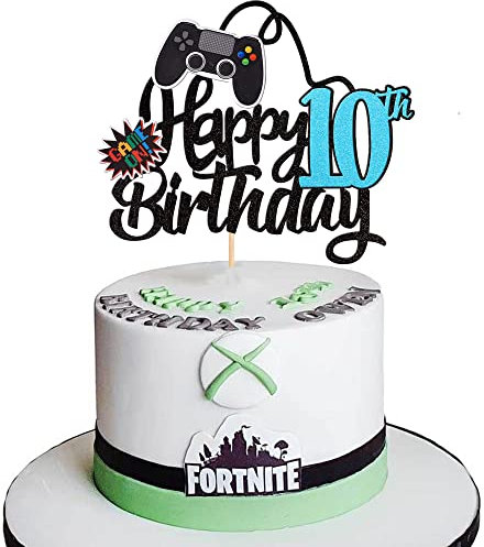 SYKYCTCY 1 Pack Happy 10th Birthday Cake Topper Glitter Video Game Cake Pick Game On Controllers Tenth Cheers to 10 Years Cake Decoration for Game Theme Happy 10th Birthday Party Supplies Black