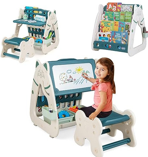 Maxmass 3-in-1 Kids Art Easel and Stool, Dual-Sided Children Painting Board with Book Rack, 2 Storage Baskets, Pen Container, Eraser & 4 Markers, Standing Toddler Drawing Easel for Boys Girls (Green)