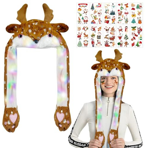TaimeiMao Weihnachtsmütze Plüsch,LED Elchmütze mit Beweglichen Ohren,Weihnachtselch Plüsch Hut,Glowing Elk Hats,Weihnachtsmütze Witzig,Elektrische Weihnachtsmütze für Erwachsene Kinder