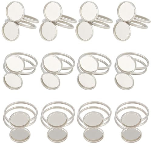 Beebeecraft 1 Box 16 Stück Tablett-Rohling-Ringe Aus Edelstahl 12 mm Flache Runde Basis Lünettenauflage Cabochon-Ringfassungen Für Die Herstellung von DIY-Ringschmuck