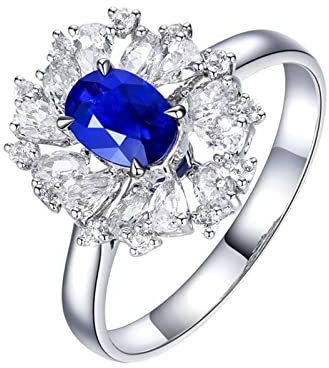 Eheringe In Silber, Schmuck Damen Ringe Cluster Blume 4 Prong Labor Geschaffener Saphir 0.65ct Ovale Form Blau Trauringe Gr.63 (20.1) 18K Weißgold