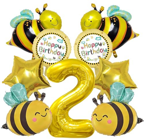 SPERMUOY Bienen deko geburtstag 2 Jahre, 10 Stück Biene geburtstag Party bienen ballons 2 Jahre Biene Folienballons 2 jahre mädchen, Gold Schwarz Nummer 2 Ballon, Kinder Folienballon Geburtstagspart.