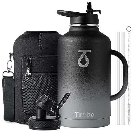 Trebo Insulated Water Bottle 2L, Stainless Steel Water Bottle 2L Metal Bottle with Handle Metal Large Jug Travel Flask with Straw Spout Lid Mug Tumbler Cup with Carry Pouch Keep Cold Hot, Dark Grey