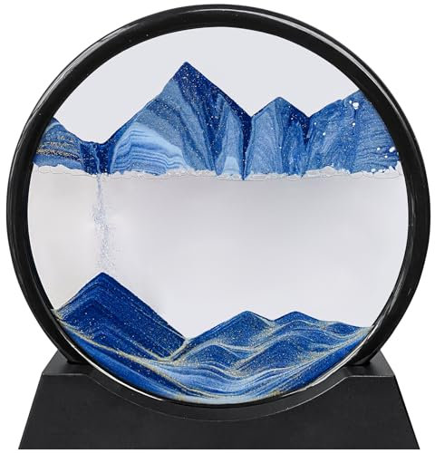 ROTRES Bewegte Sandbilder, Sandbilder zum Drehen 3D Sandscape, Fließende Sandmalerei Geschenk, Dynamisches Sandbild Runde Glas Rahmen für Büro Wohnzimmer Schreibtisch Erwachsene Kinder (blau)